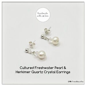 Cultured Freshwater Pearl & Herkimer Quartz Crystal Sterling Silver Earrings